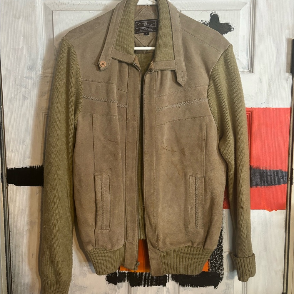 Alvin Josef X-Large beige cream sweater suede zip up jacket